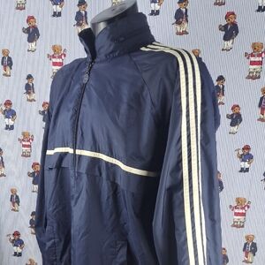 Vintage  Adidas 3 stripe sleeve hooded  navy & white XL windbreaker jacket